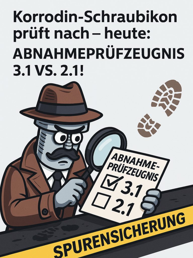 Korrodin-Schraubikon prüft nach – Abnahmeprüfzeugnisse nach EN 10204: 2.1, 2.2 oder 3.1?